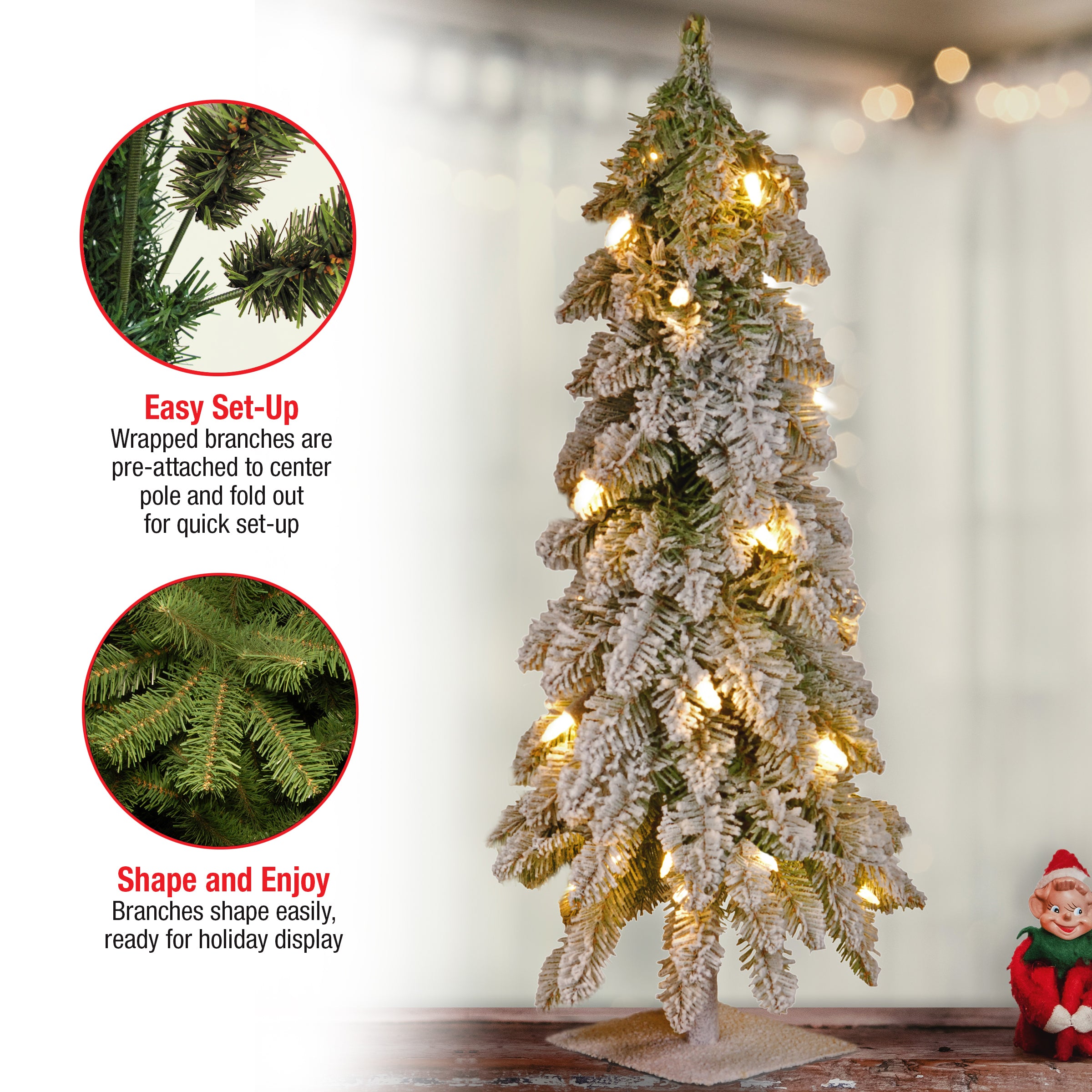 2 ft. Pre-Lit Snowy Downswept Forest Tree with Clear Lights, Plug