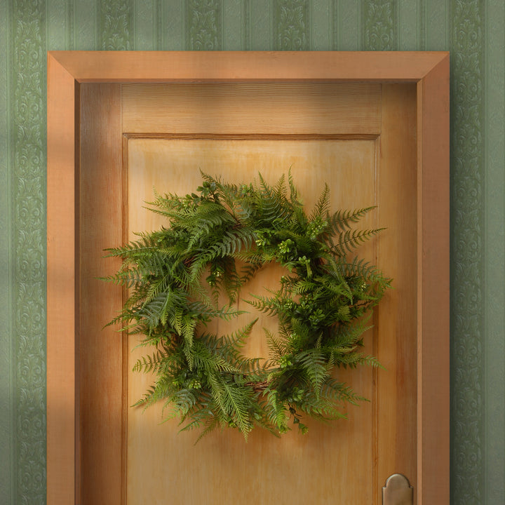 Artificial Hanging Wreath, Green, Boston Fern, Woven Branch Base, Decorated with Fern Leaves, Spring Collection, 22 Inches