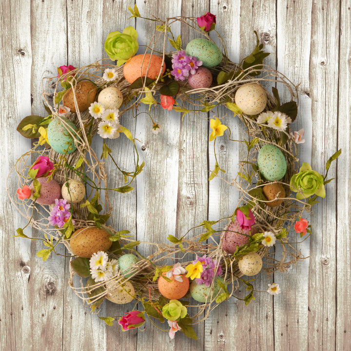 Artificial Hanging Wreath, Decorated With Eggs, Flower Blooms, Branches, Easter Collection, 18 Inches