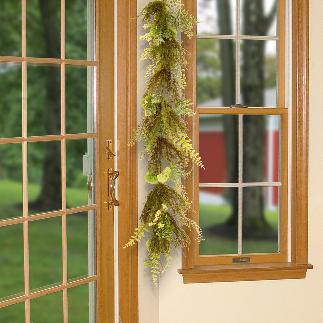 Artificial Hanging Garland, Green, Woven Branch Base, Decorated with Fern Leaves, Lavender, Leafy Greens, Spring Collection, 45 Inches