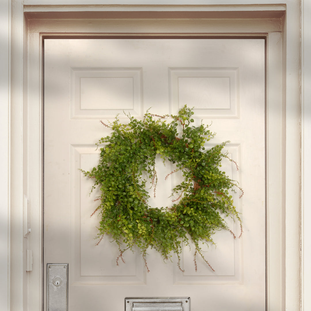 Artificial Hanging Wreath, Green, Woven Branch Base, Decorated with Boxwood Flowers, Spring Collection, 22 Inches