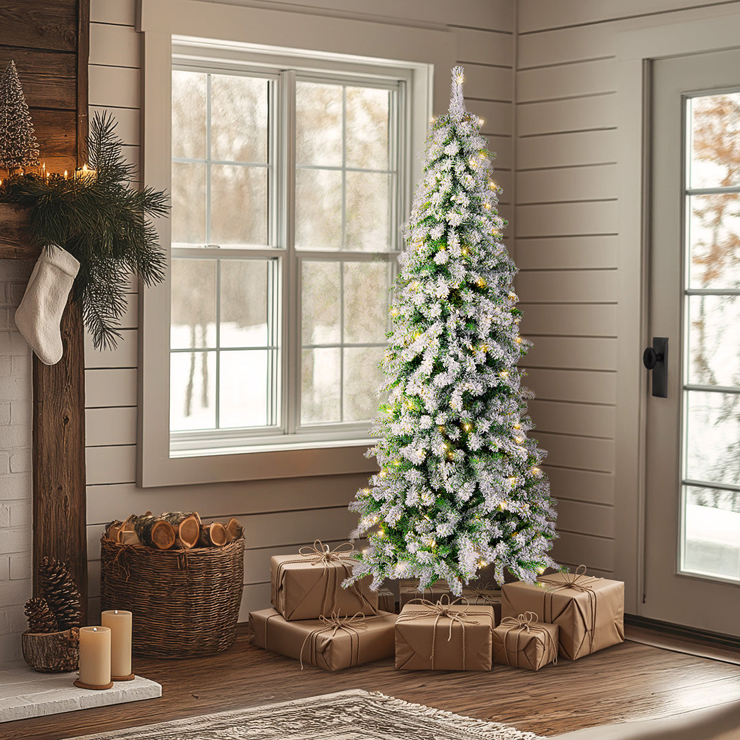 6.5 ft. Pre-Lit Snowy Grand Alpine Pencil Slim Tree with Clear