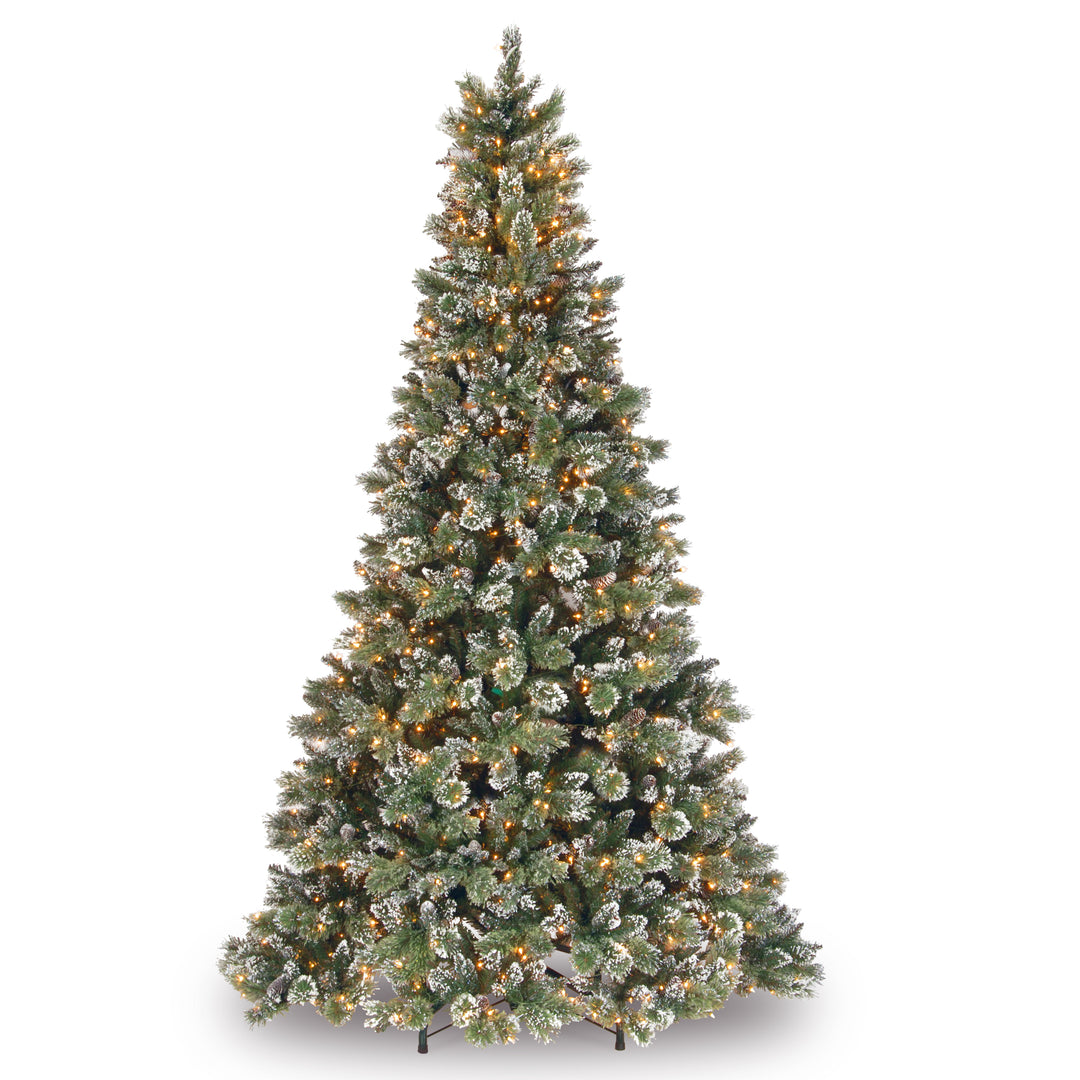 Pre-Lit Artificial Slim Christmas Tree, Green, Glittery Bristle Pine, White Lights, Flocked with Pine Cones, Frosted Branches, Includes Stand, 9 Feet