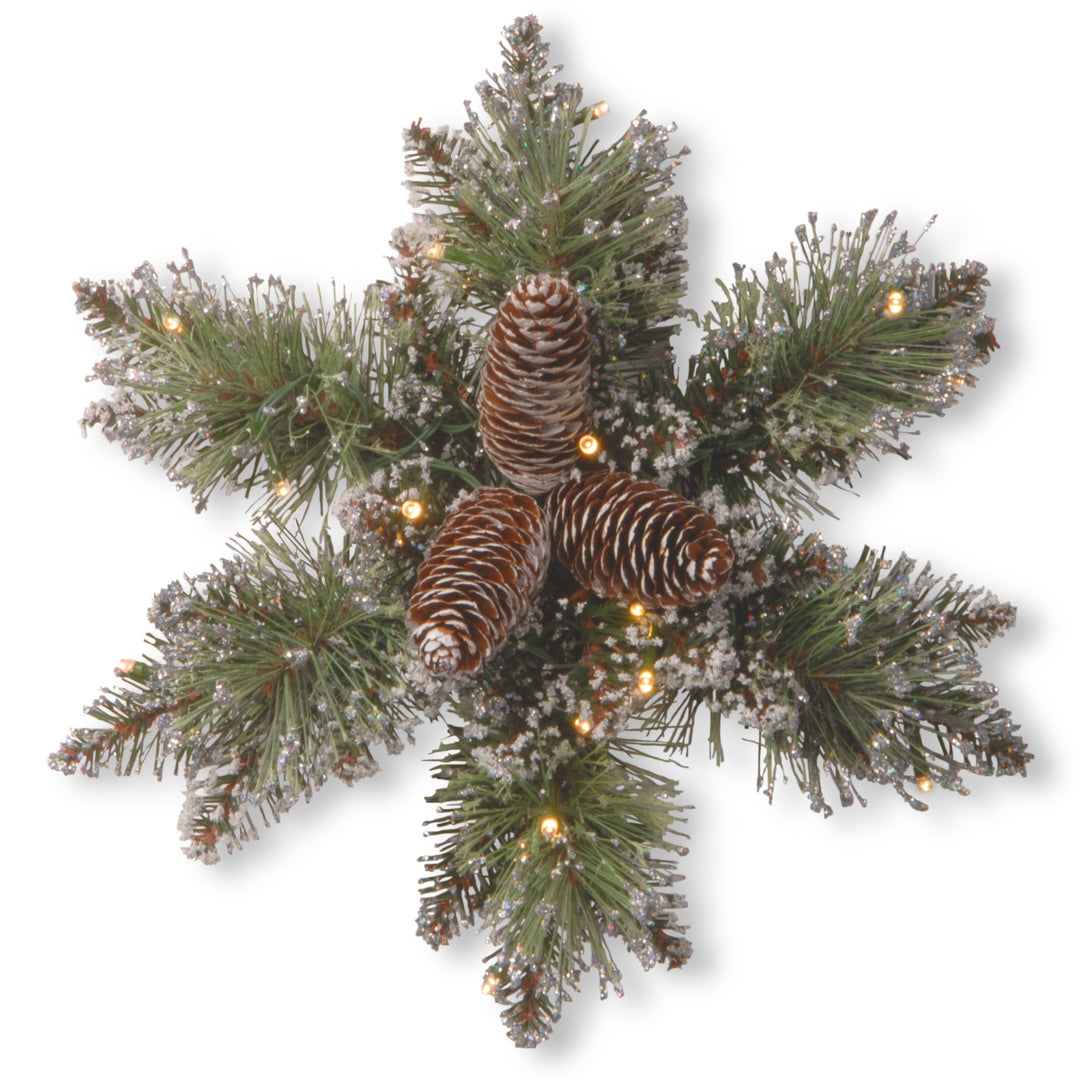 National Tree Company Pre-Lit Artificial Christmas Star Wreath, Green, Glittery Bristle Pine, White Lights, Decorated with Pine Cones, Frosted Branches, Christmas Collection, 14 Inches