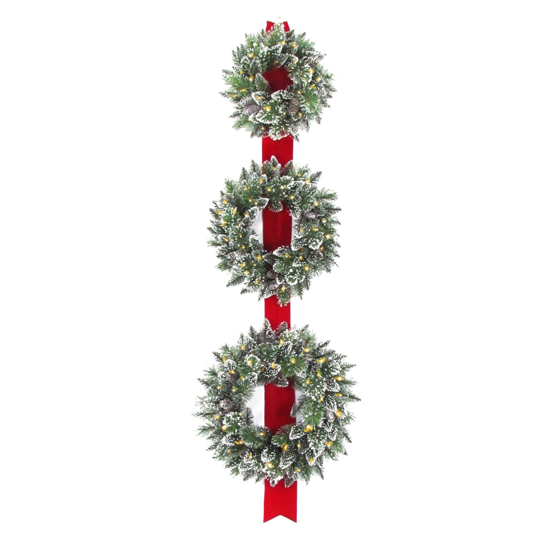 National Tree Company Artificial Christmas Three Wreath Ribbon Door Decoration, Green, White Lights, Decorated with Frosted Branches, Christmas Collection, 77 Inches