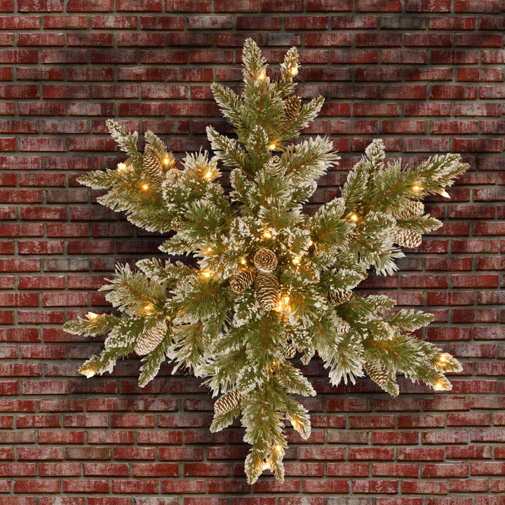 Pre-Lit Artificial Christmas Star Wreath, Green, Glittery Bristle Pine, White Lights, Decorated with Pine Cones, Frosted Branches, Christmas Collection, 32 Inches