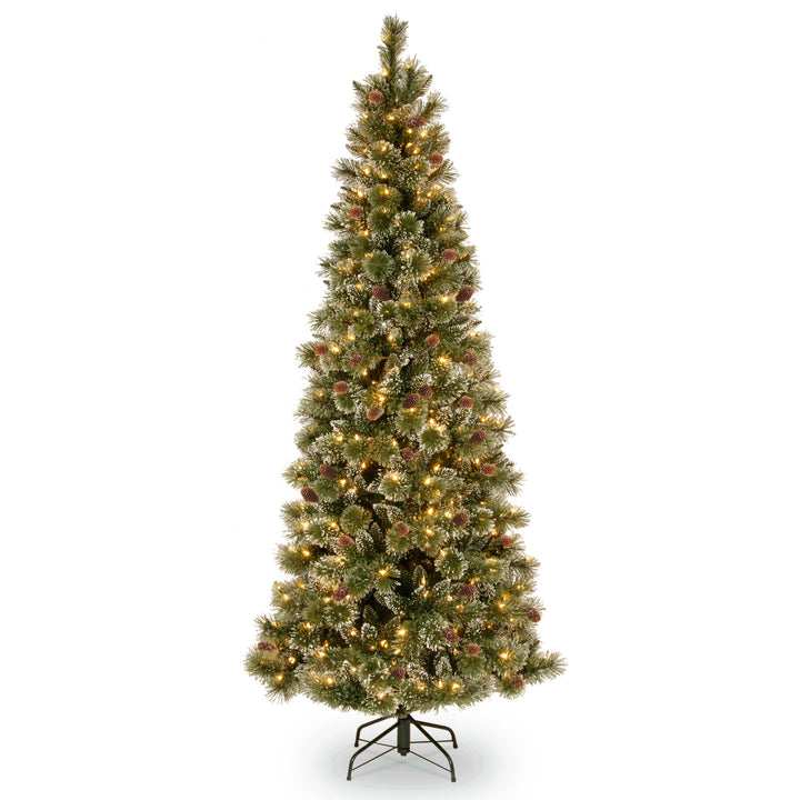 Pre-Lit Artificial Slim Christmas Tree, Green, Glittery Bristle Pine, White Lights, Includes Stand, 6.5 Feet