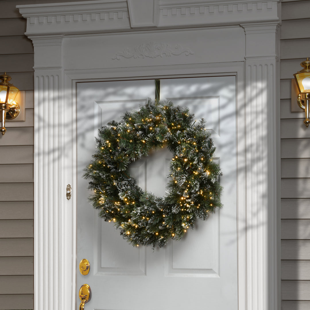 30" Glittery Bristle Pine Wreath with Dual Color® LED Cosmic Lights®