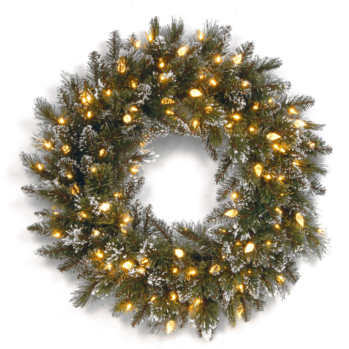 Pre-Lit Artificial Christmas Wreath, Green, Glittery Bristle Pine, White Lights, Decorated with Frosted Branches, Pine Cones, Ball Ornaments, Berry Clusters, Christmas Collection, 24 Inches