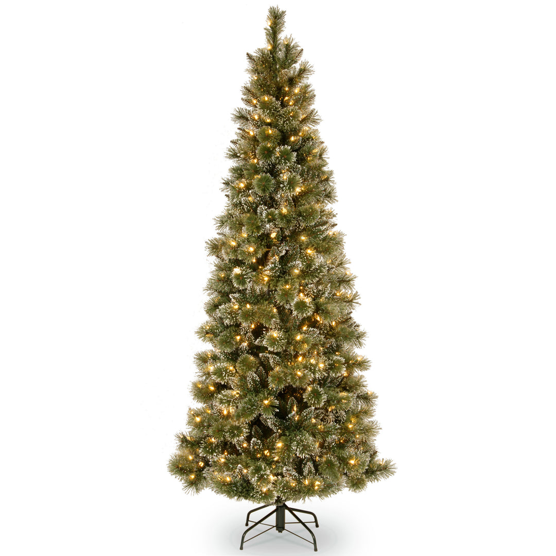 Pre-Lit Artificial Slim Christmas Tree, Green, Glittery Bristle Pine, White Lights, Includes Stand, 6.5 Feet