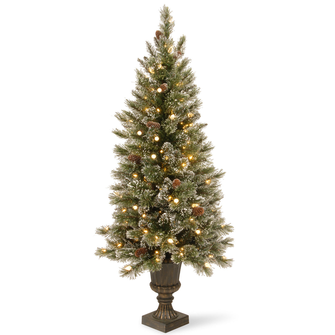 Pre-Lit Artificial Mini Christmas Tree, Green, Glittery Bristle Pine, White LED Lights, Flocked with Pine Cones, Frosted Branches, Includes Decorative Urn Base, 4 Feet