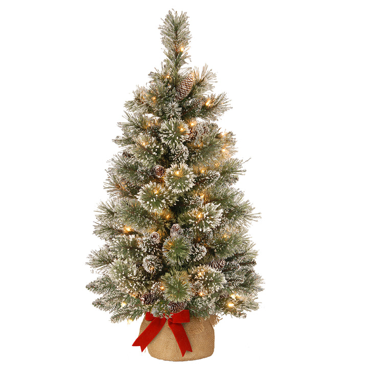 Pre-Lit Artificial Mini Christmas Tree, Green, Glittery Bristle Pine, White LED Lights, Flocked with Pine Cones, Frosted Branches, Includes Cloth Bag Base, 3 Feet
