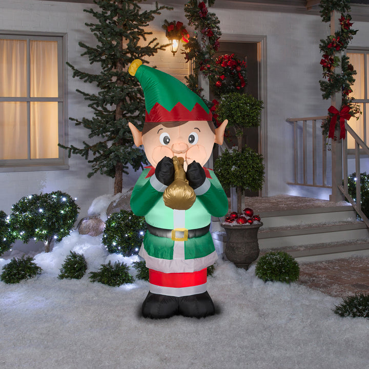 Inflatable Trumpet Playing Elf, LED Lights, Plug In, Christmas Collection, 6 Feet
