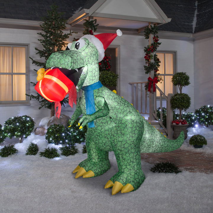 Inflatable Tyrannosaurus Rex with Gift, LED Lights, Plug In, Christmas Collection, 9.5 Feet