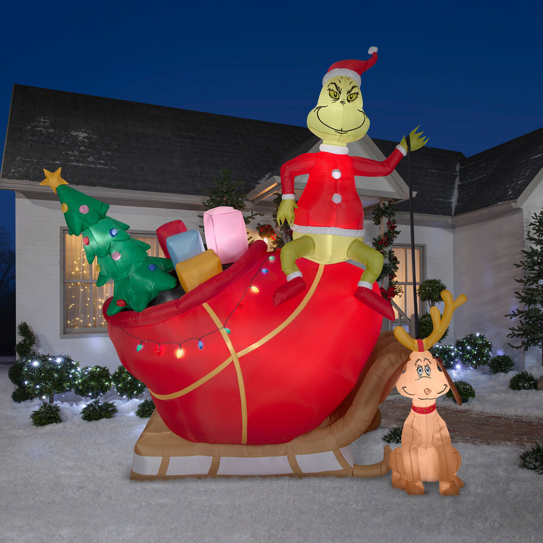 Inflatable Grinch On Sleigh with Max, LED Lights, Plug In, Christmas Collection, 12 Feet