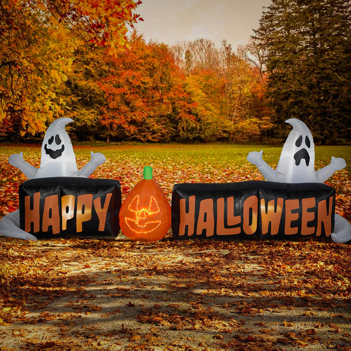 9 ft. Airblown Inflatable Happy Halloween Sign with Ghosts and Flashing Lights