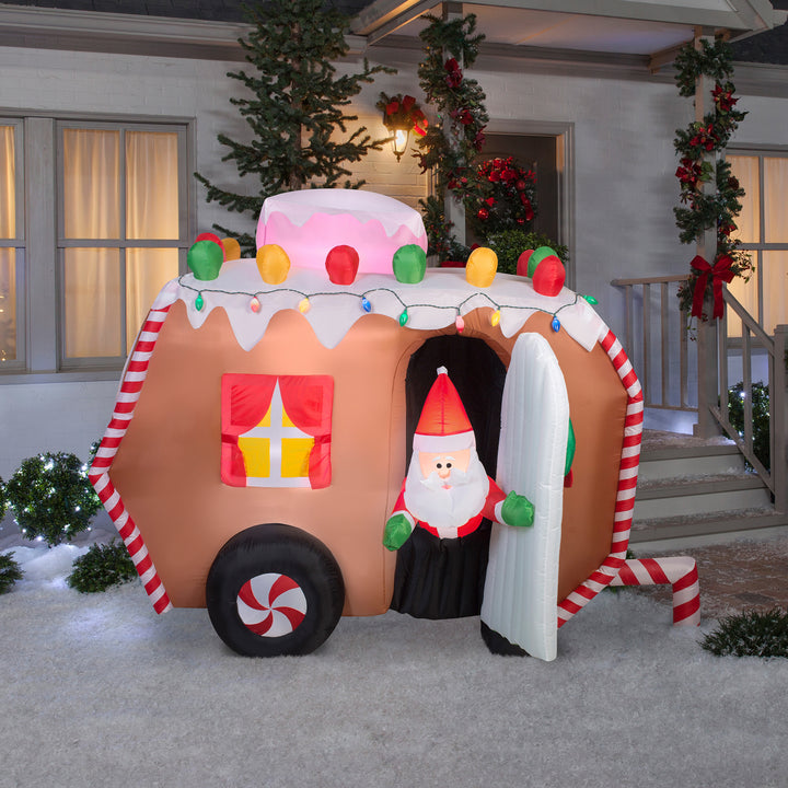 Inflatable Gingerbread Trailer with Santa, LED Lights, Plug In, Christmas Collection, 7.5 Feet