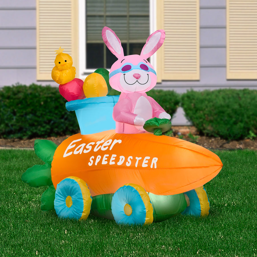 54 in. Inflatable Easter Bunny in a Carrot Roadster Decoration