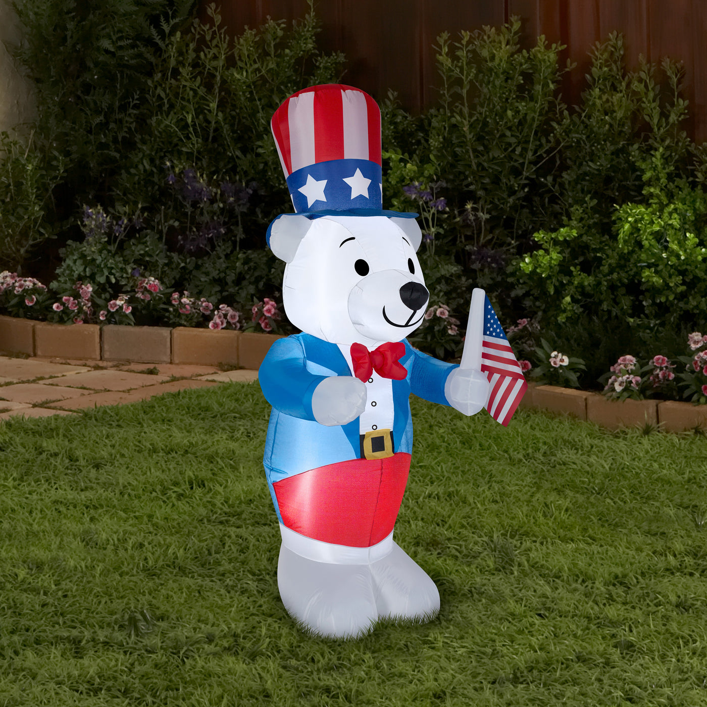 Patriotic Inflatable Decoration Blue White Bear wearing Red White and Blue Suit and Hat Self Inflating Plug In Fourth of July Collection 48 Inches - National Tree Company