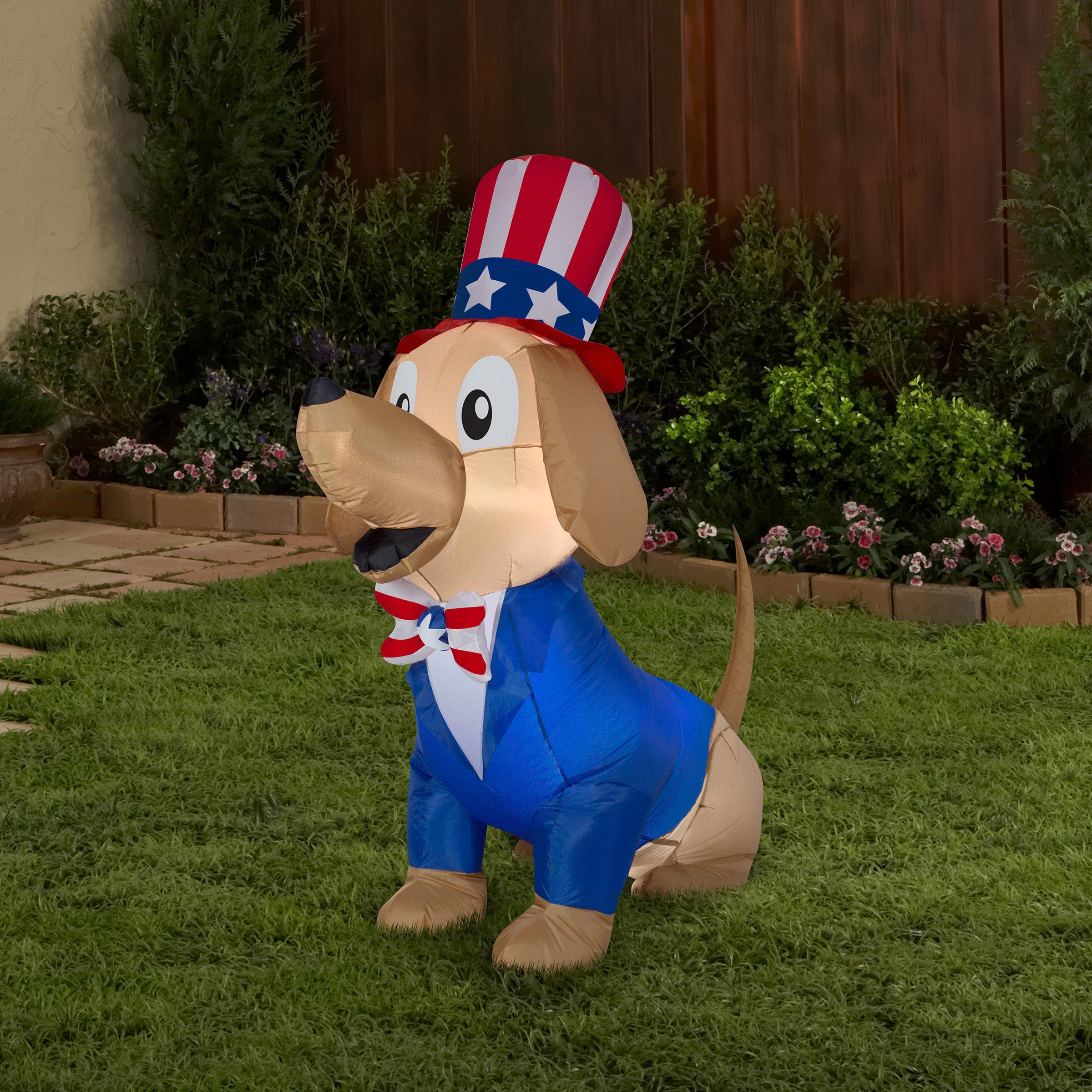 National Tree Company Patriotic Inflatable Decoration Blue Brown Dog wearing Red White and Blue Suit and Hat Self Inflating Plug In Fourth of July Collection 60 Inches