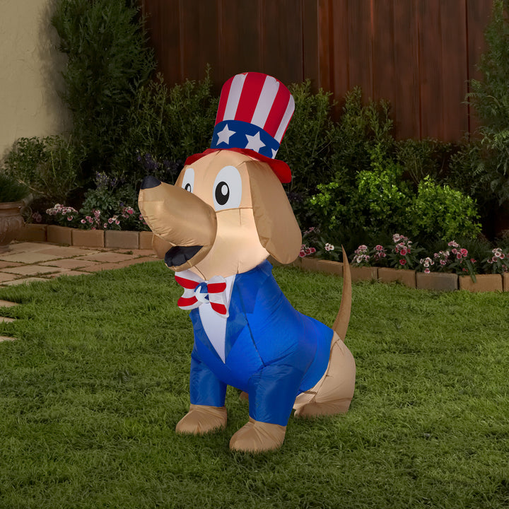Patriotic Inflatable Decoration Blue Brown Dog wearing Red White and Blue Suit and Hat Self Inflating Plug In Fourth of July Collection 60 Inches