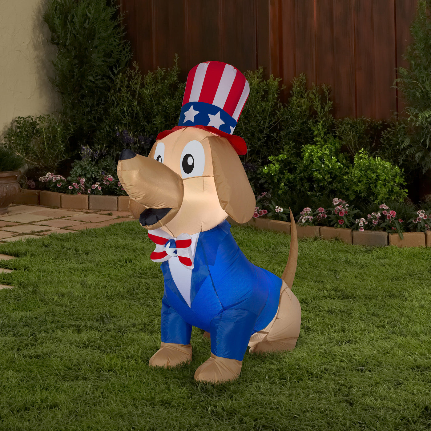 Patriotic Inflatable Decoration Blue Brown Dog wearing Red White and Blue Suit and Hat Self Inflating Plug In Fourth of July Collection 60 Inches - National Tree Company