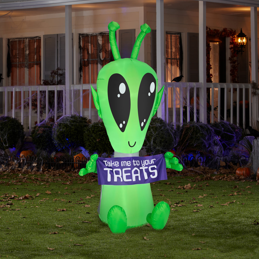 Inflatable Decoration, Multi, Alien with Sign, LED Lights, Plug In, Halloween Collection, 7 Feet