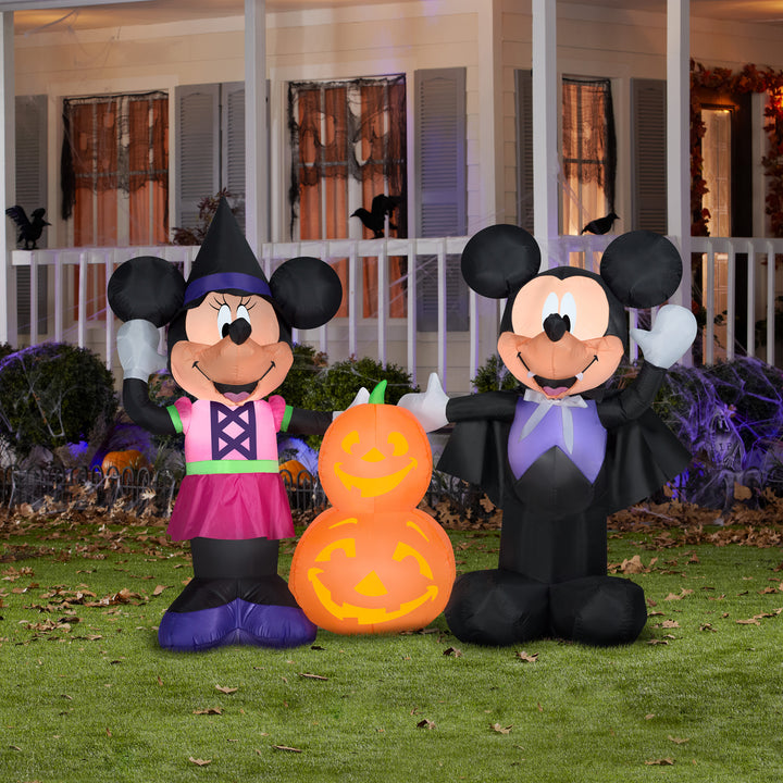 Inflatable Decoration, Black, Mickey and Minnie Mouse with Pumpkin, Self Inflating, Plug In, Halloween Collection, 66 Inches