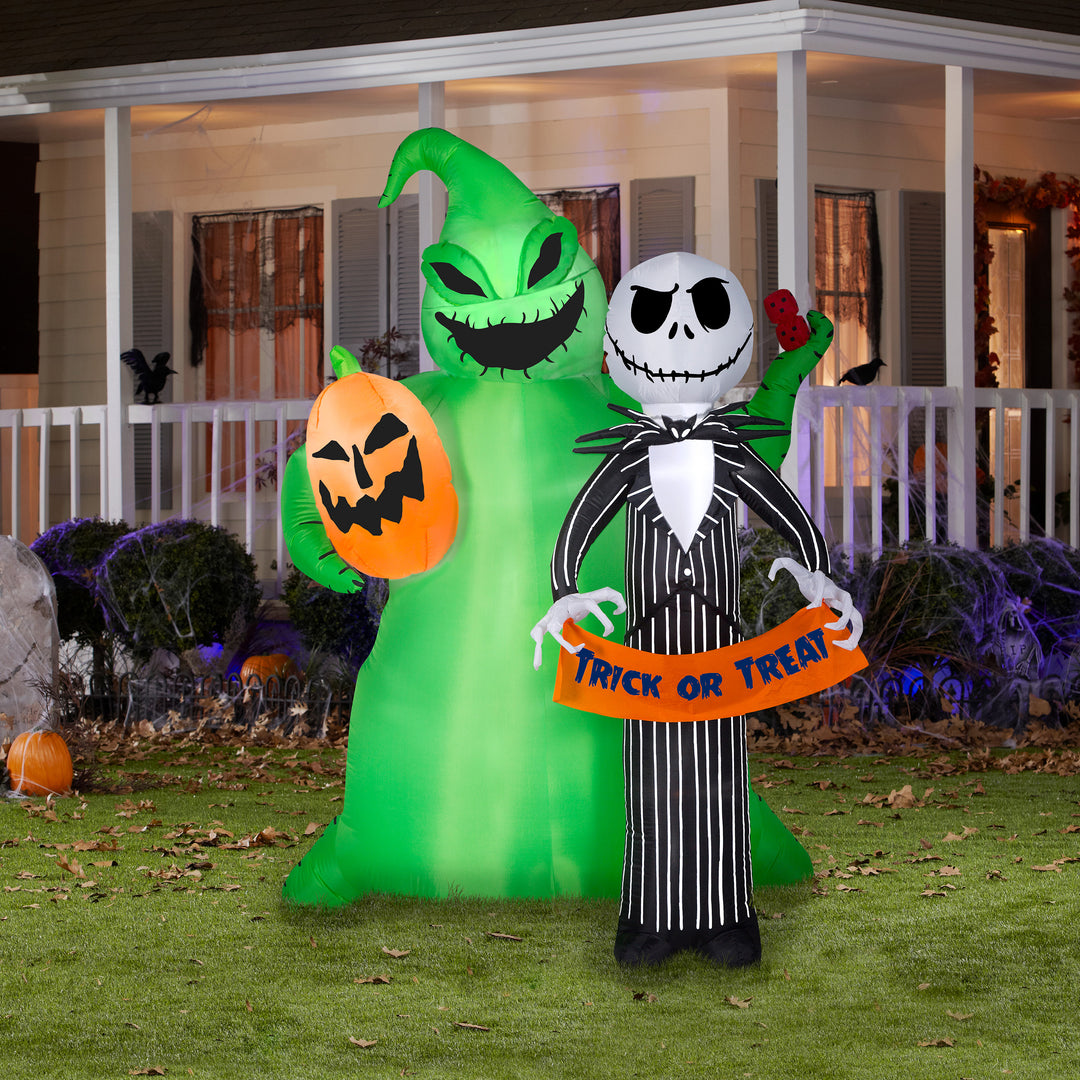 Inflatable Decoration, Green, Jack Skellington and Oogie Boogie, Self Inflating, Plug In, Halloween Collection, 78 Inches