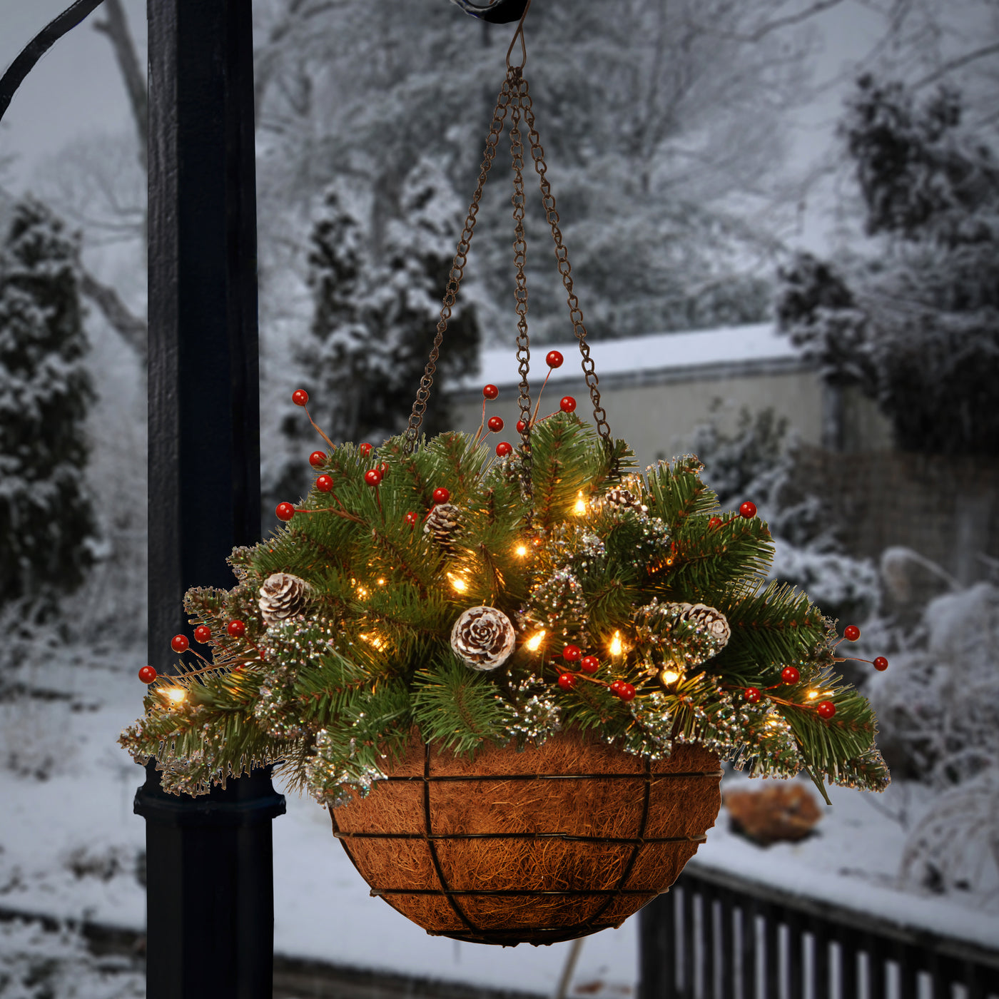 lighted hanging plants 20 in. Pre-Lit Glittery Mountain Spruce Hanging Basket with LED Lights · National Tree Company
