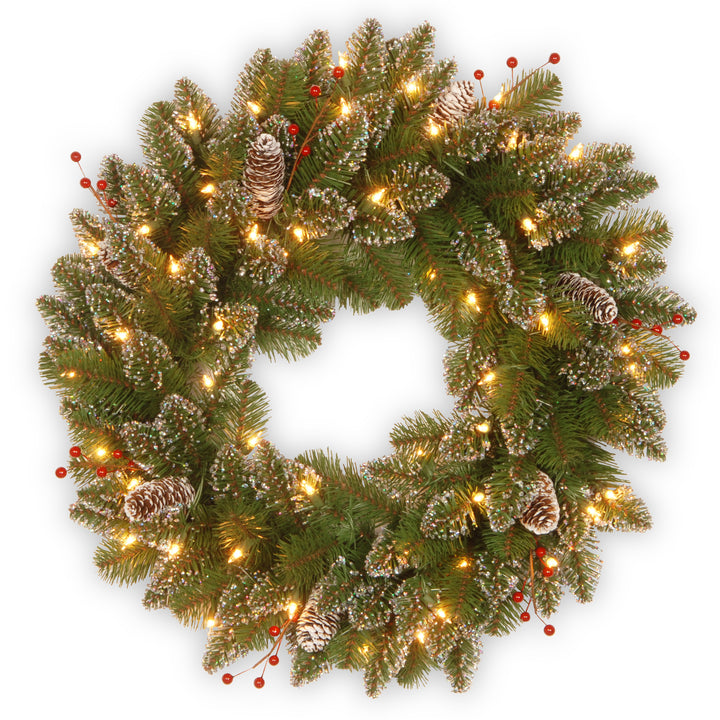 Pre-Lit Artificial Christmas Wreath, Green, Glittery Mountain Spruce, White Lights, Decorated with Pine Cones, Berry Clusters, Frosted Branches, Christmas Collection, 24 Inches