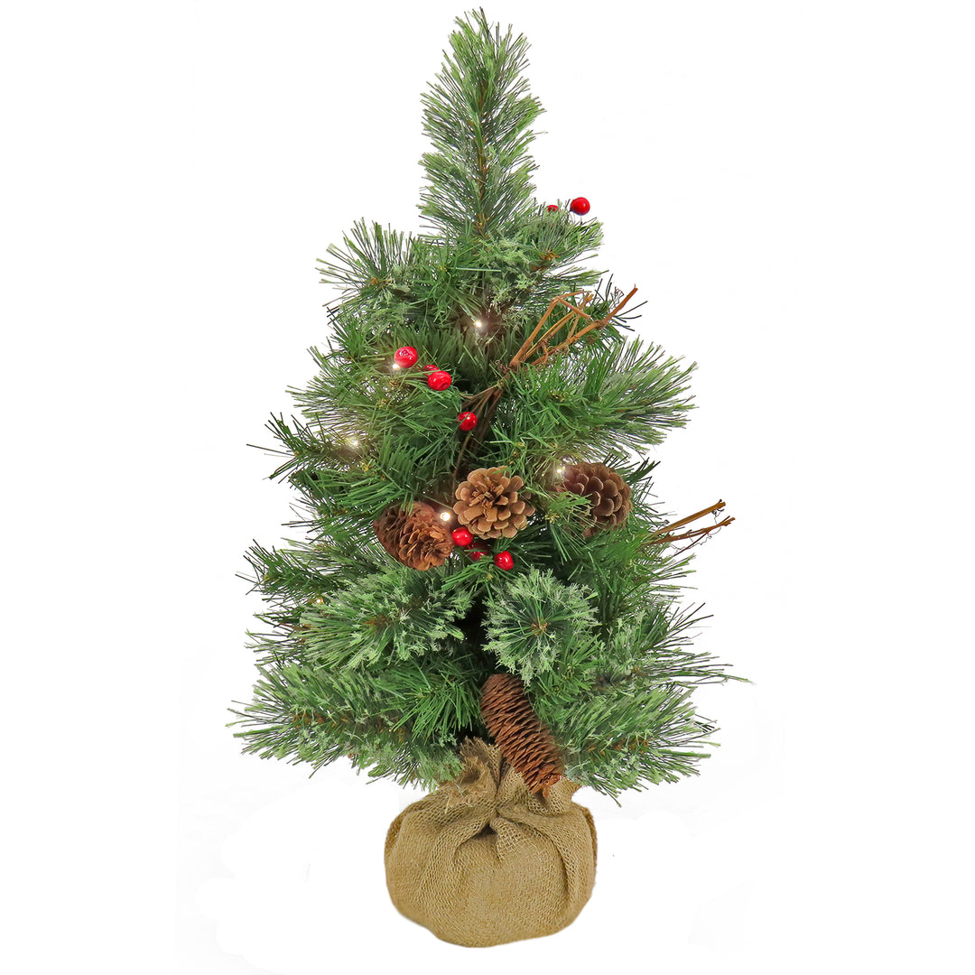 National Tree Company 24" Glistening Pine Small Tree with Pine Cones, Red Berries, and Twigs in a Burlap Base- 15 Warm White LED Lights- Battery Operated with Timer