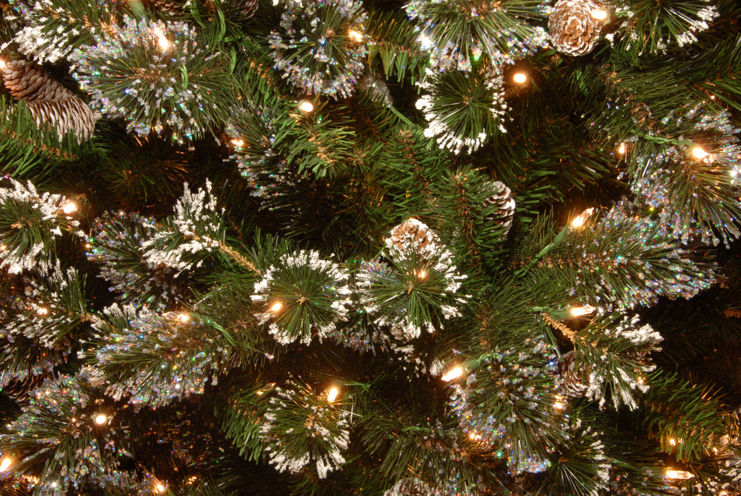 Pre-Lit Artificial Slim Christmas Tree, Green, Glittery Bristle Pine, White Lights, Flocked with Pine Cones, Frosted Branches, Includes Stand, 7.5 Feet