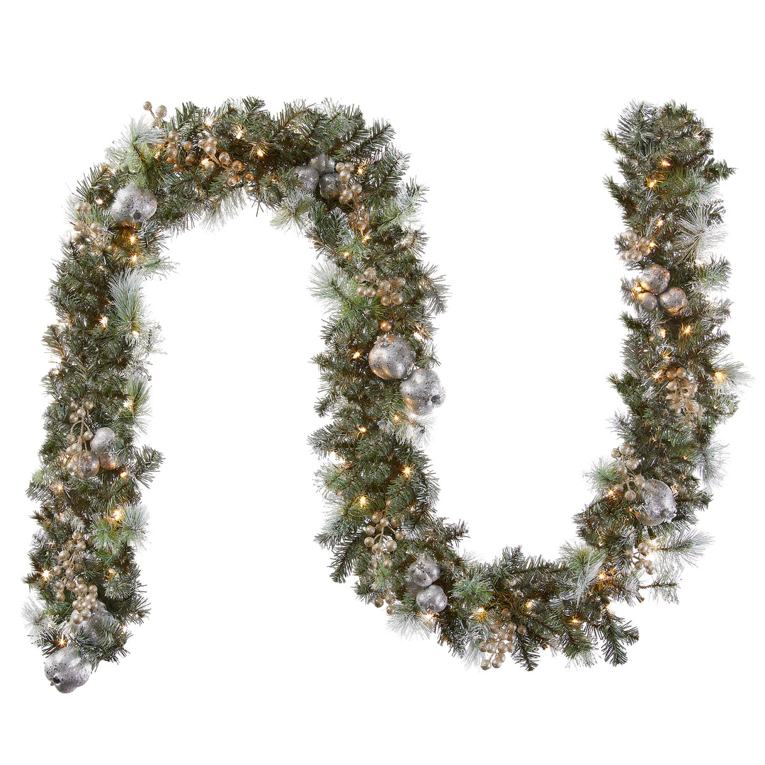National Tree Company Pre-Lit Artificial Christmas Garland, Green, Pomegranate Pine, White Lights, Decorated With Ball Ornaments, Berry Clusters, Plug In, Christmas Collection, 9 Feet