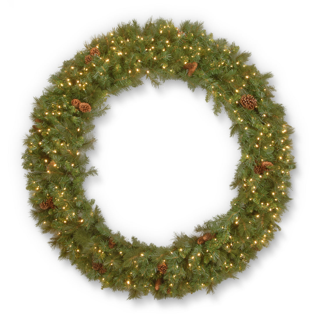 Pre-Lit Artificial Christmas Wreath, Green, Garwood Spruce, White Lights, Decorated with Pine Cones, Christmas Collection, 60 Inches