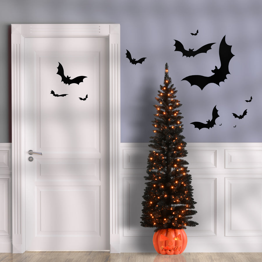 6 ft Halloween Pre-Lit Black Tree with LED Lights, Pumpkin Base