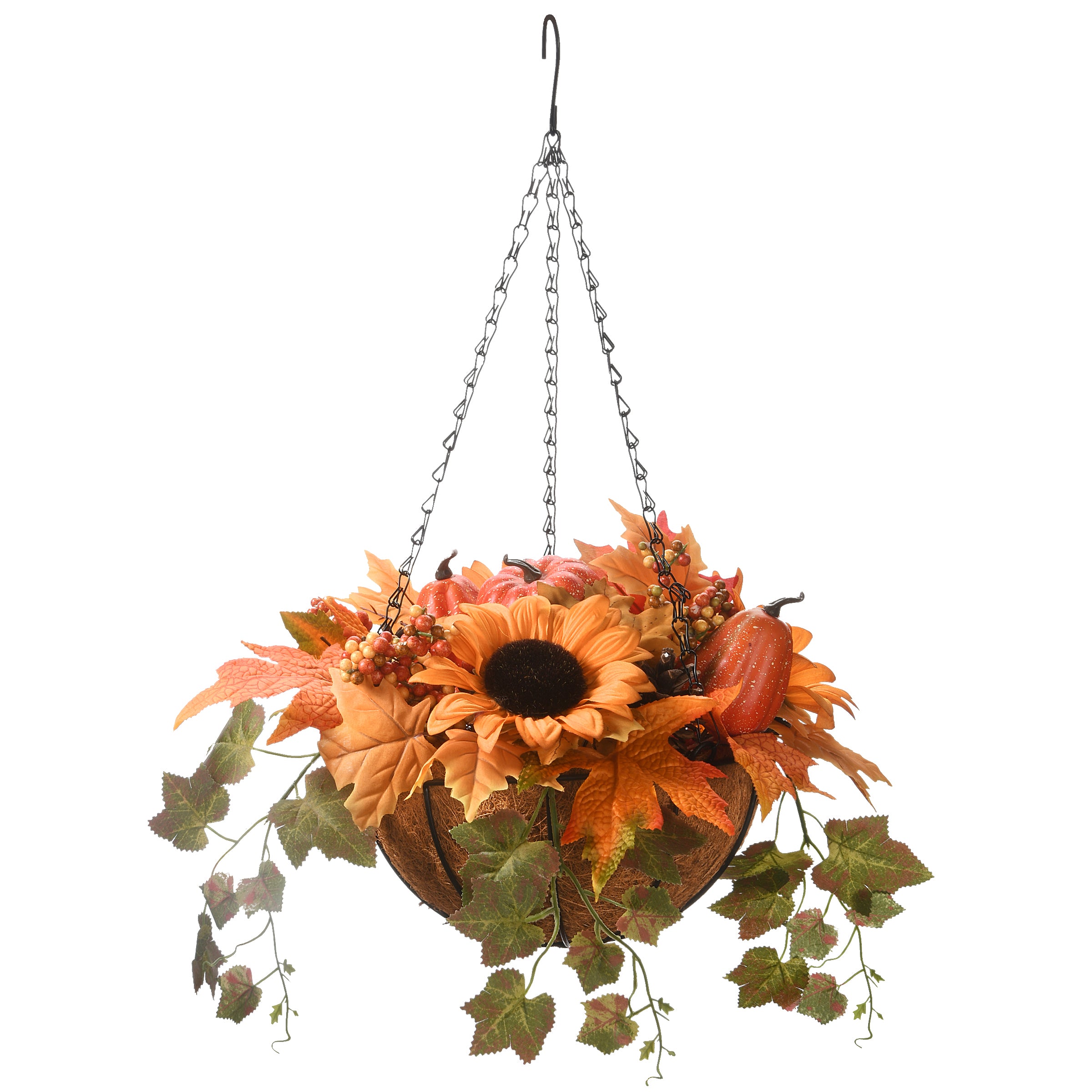 18" Hanging Basket with Ivy Leaves, 3 Sunflowers, 3 Cones, 3 Berries, 3 Gourds & 1 Pumpkin