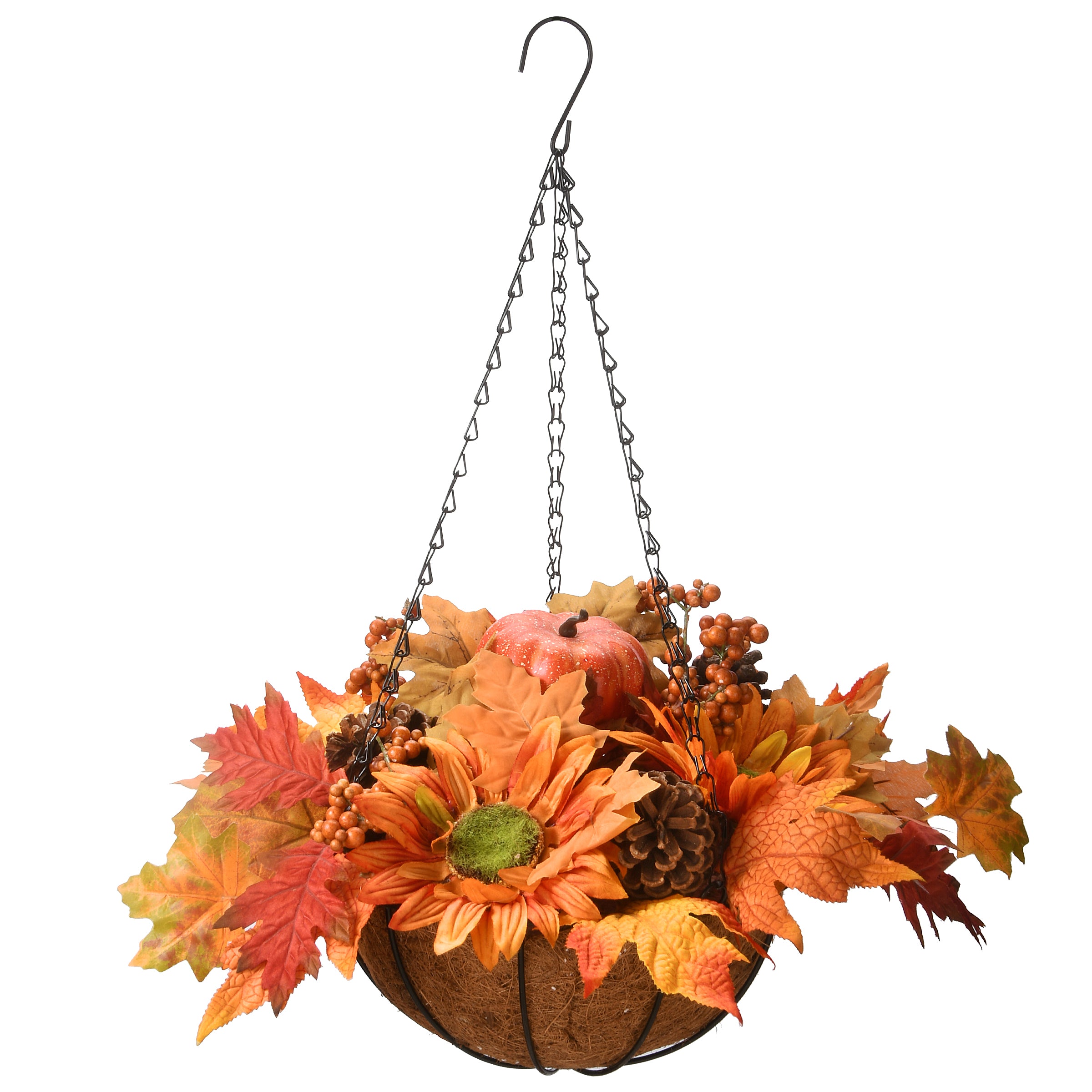 18" Hanging Basket with Maple Leaves, 3 Sunflowers, 3 Cones, 3 Berries & 1 Pumpkin