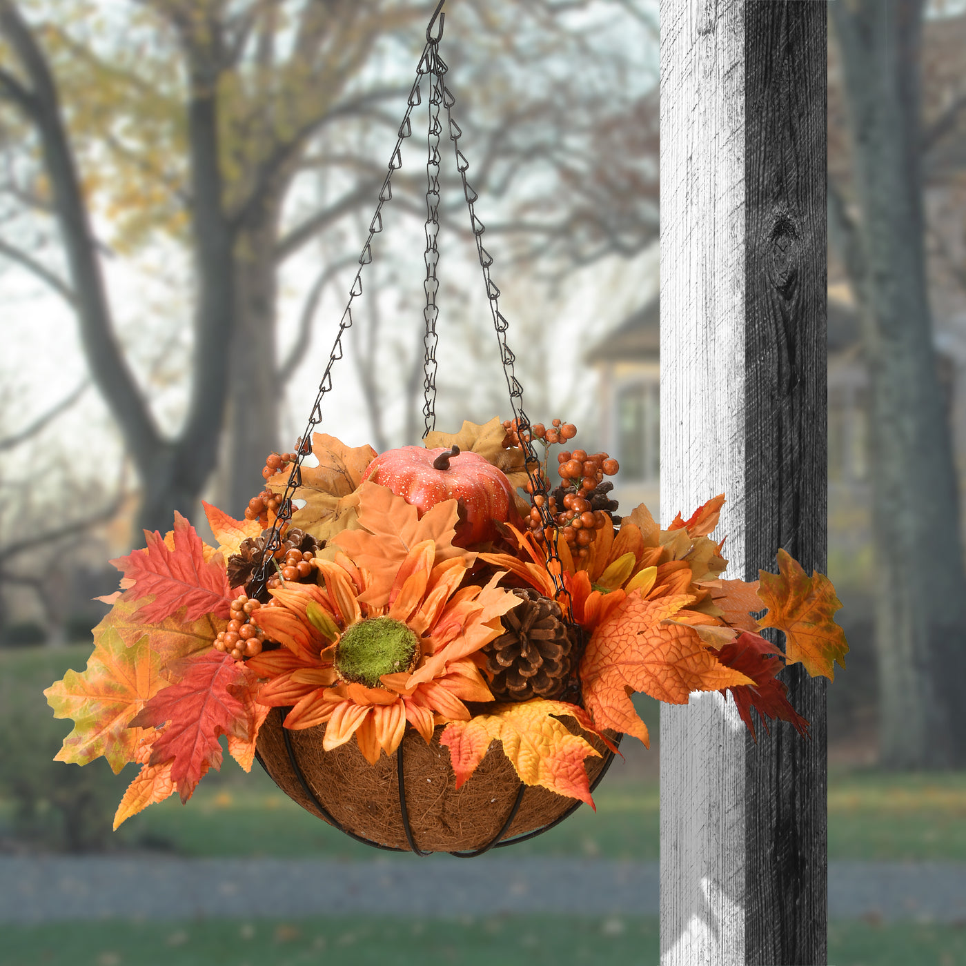 fall hanging planter 18 in. Fall Hanging Basket with Maple Leaves, Sunflowers, Cones, Berries, Pumpkin