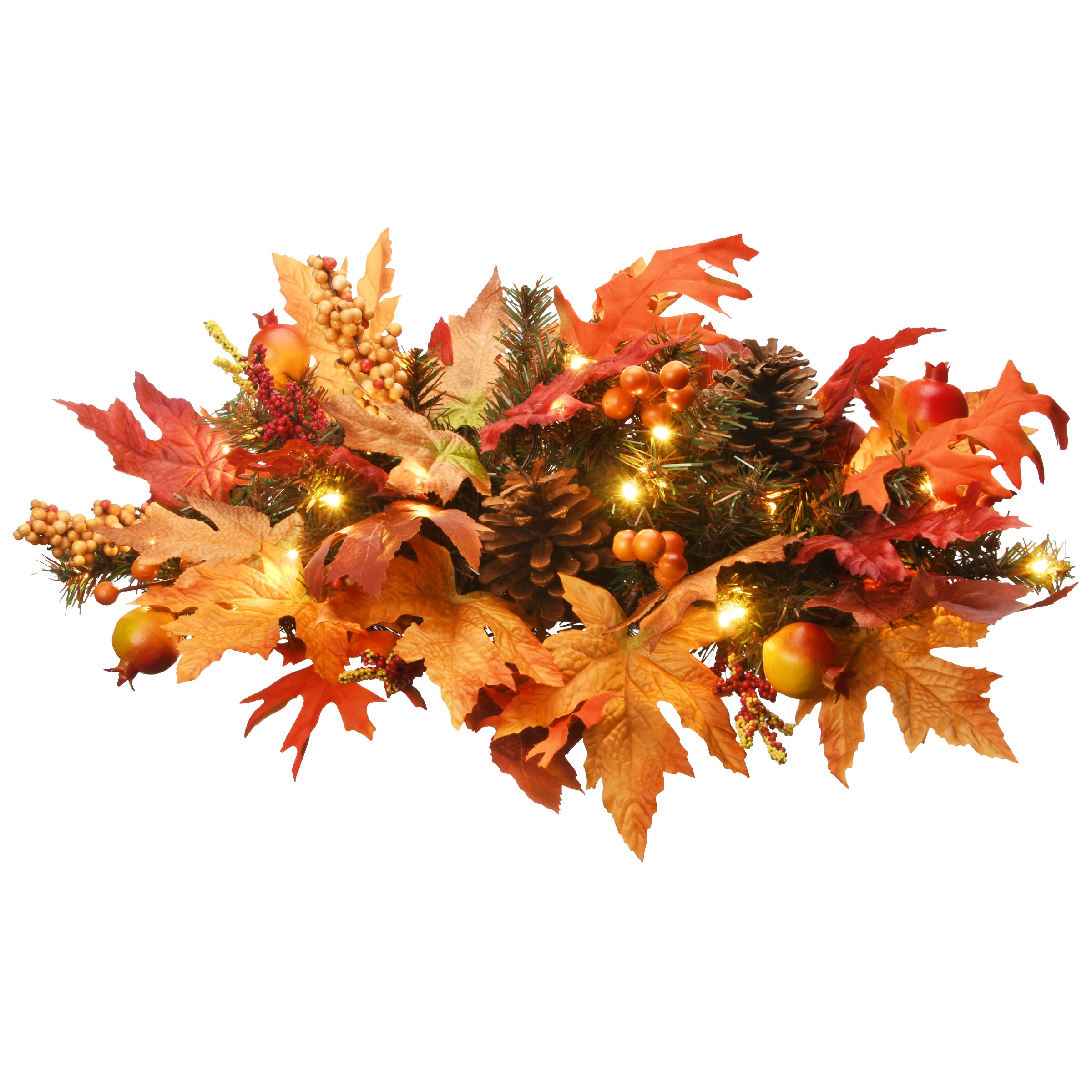 National Tree Company Artificial Pre-Lit Fall Centerpiece, Decorated with Pinecones, Fruit, Berry Clusters, Maple Leaves, LED Lights, Autumn Collection, 24 in
