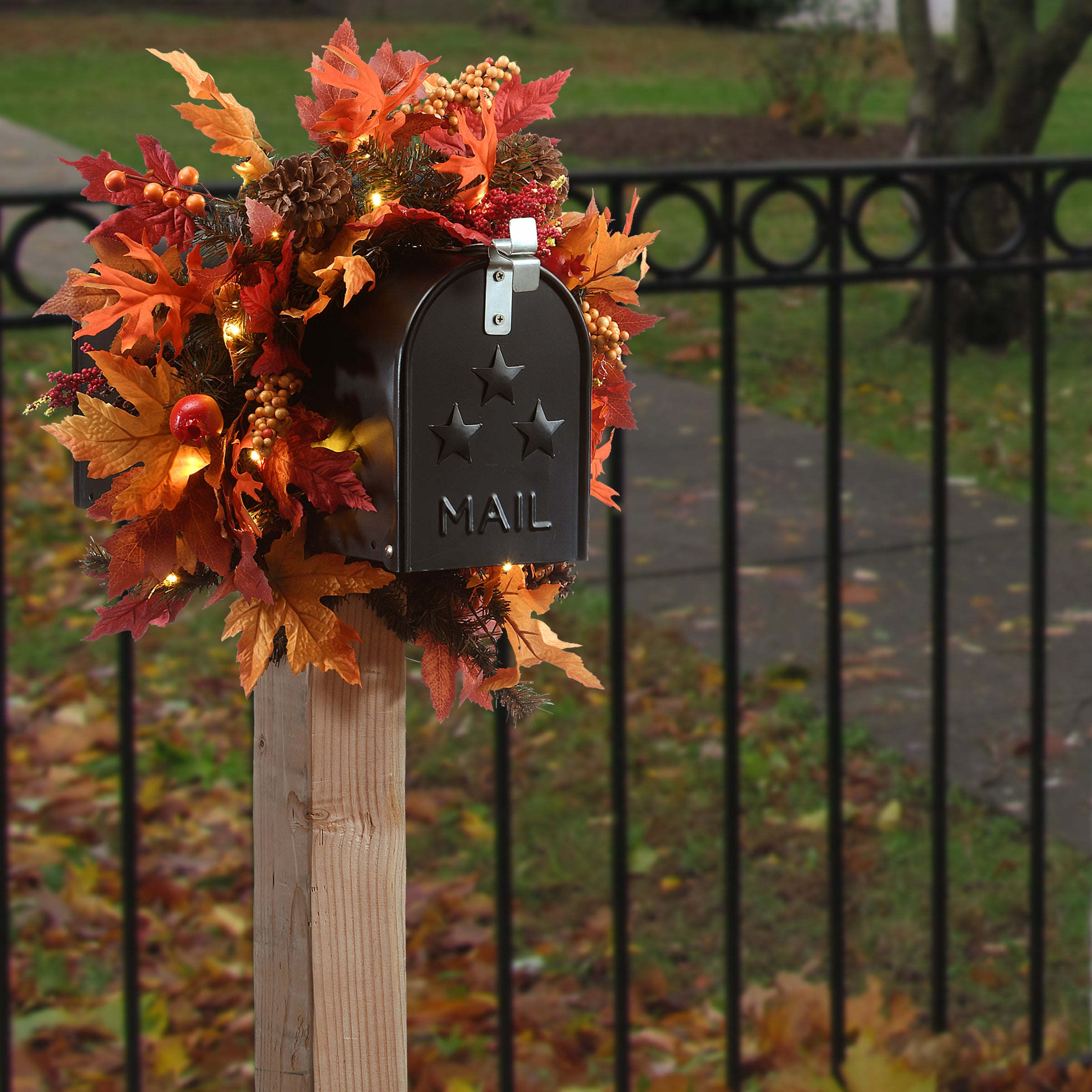 National Tree Company Pre-lit Harvest Mailbox Decoration, Decorated with Pinecones, Berry Clusters, Maple Leaves, LED Lights, Autumn Collection, 36 in