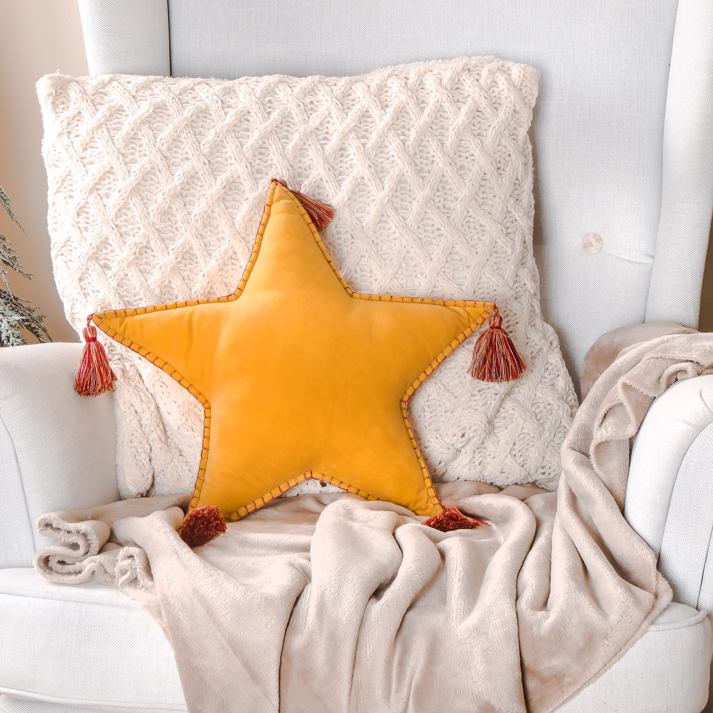 16 in. HGTV Home Collection Star Shape Pillow, Yellow - National Tree Company