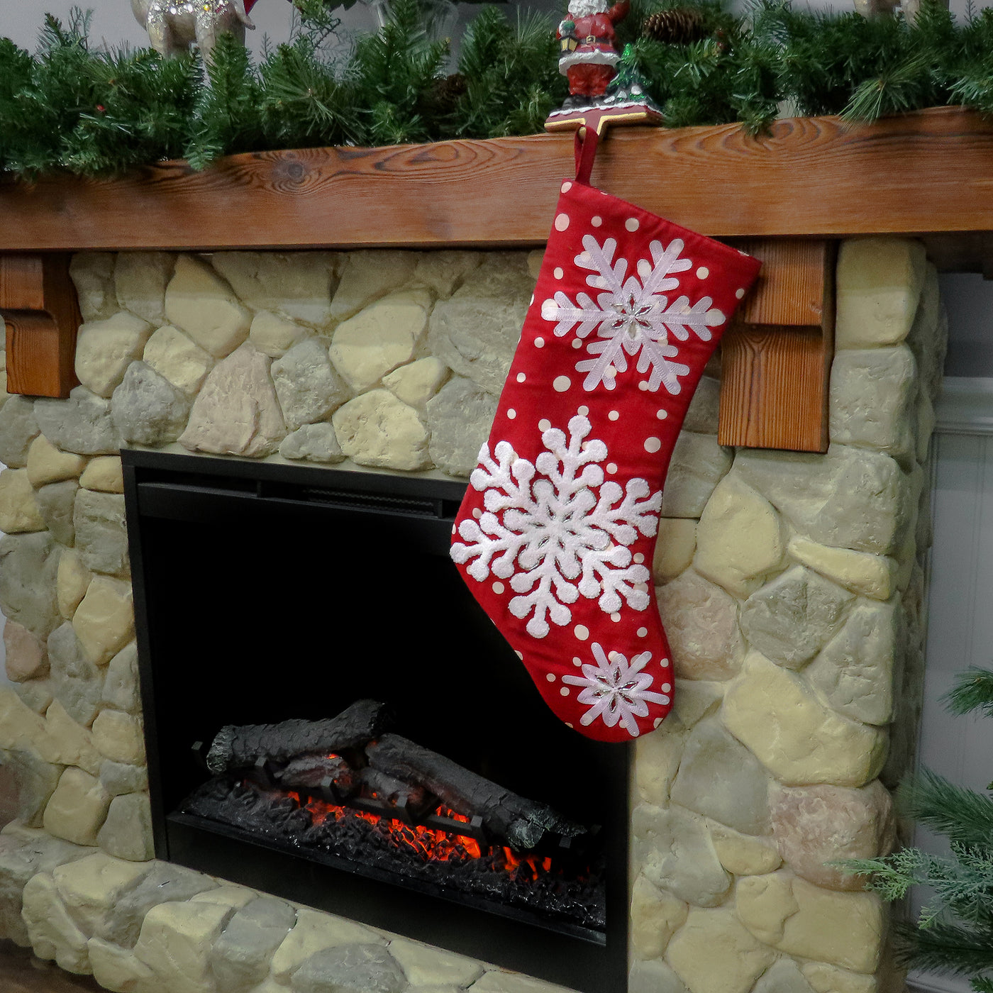 20 in. Red Stocking with Snowflake Embroidery, White Dots, and Bead Details - National Tree Company