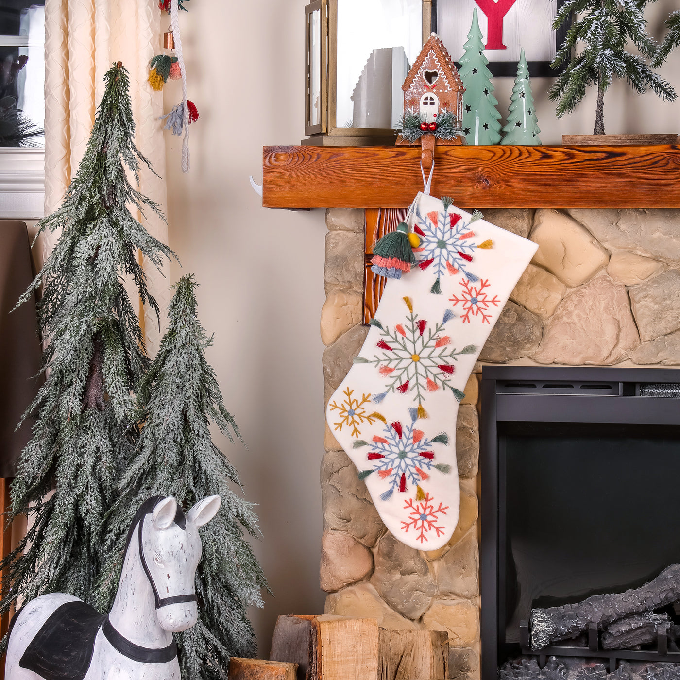 20 in. HGTV Home Collection Boho Snowflake Stocking - National Tree Company