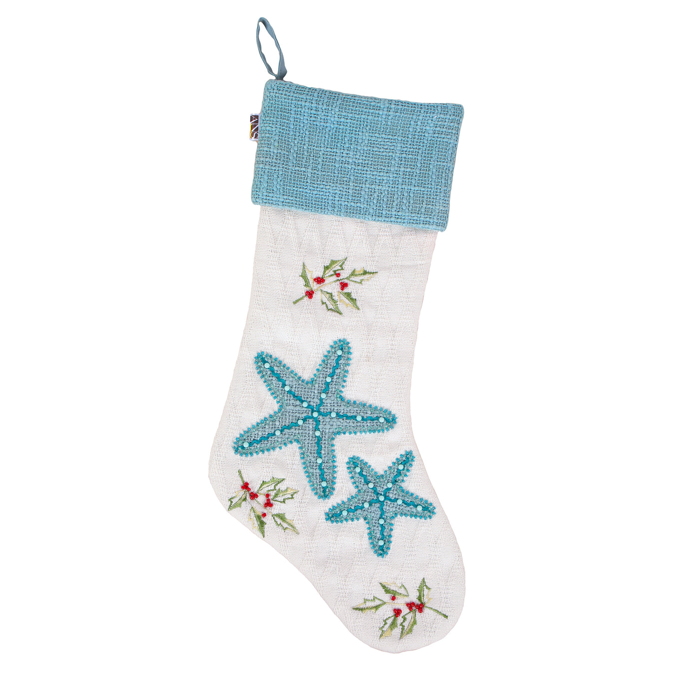 20" HGTV Home Collection Embroidered Blue Starfish Stocking - National Tree Company