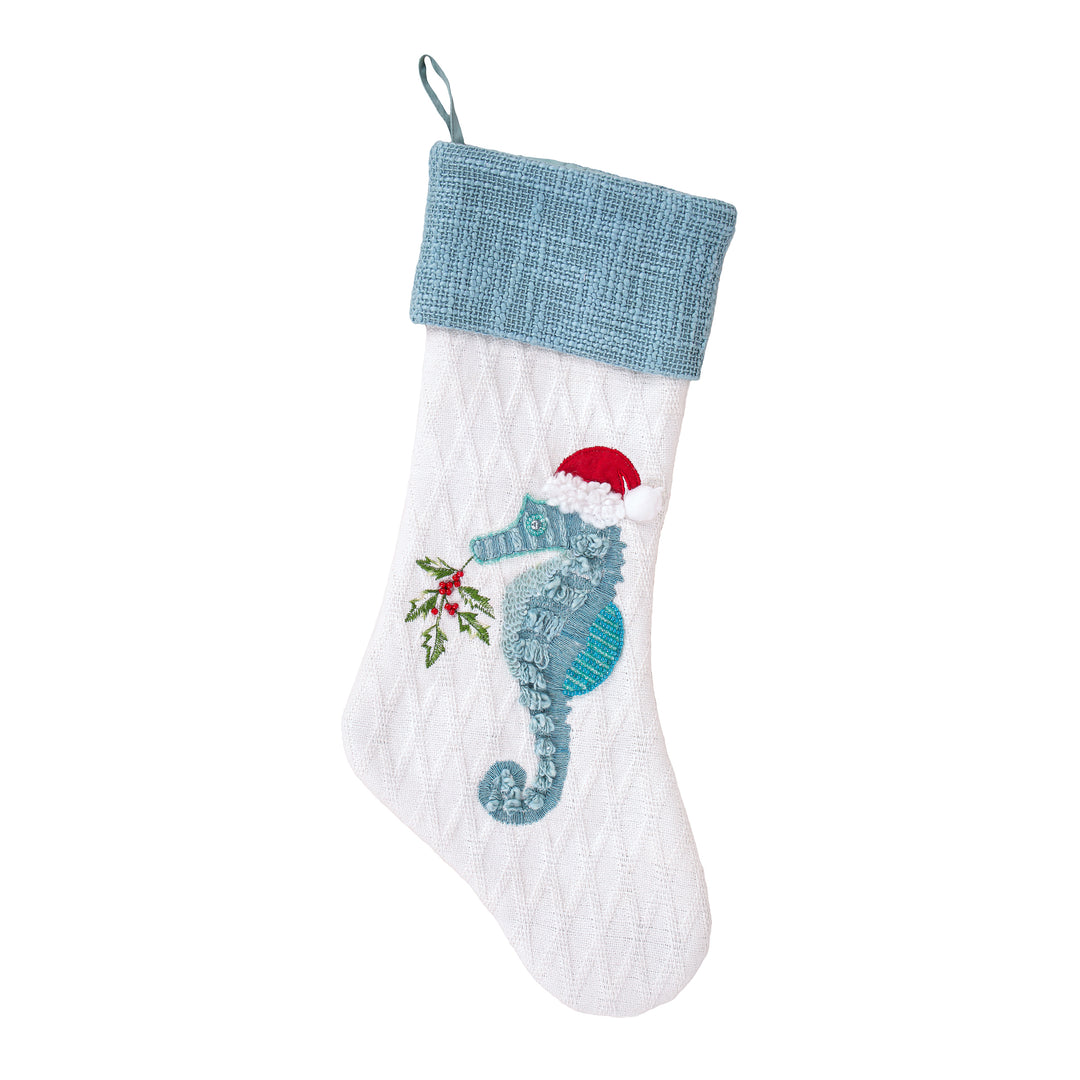 20" HGTV Home Collection Embroidered Blue Seahorse Stocking