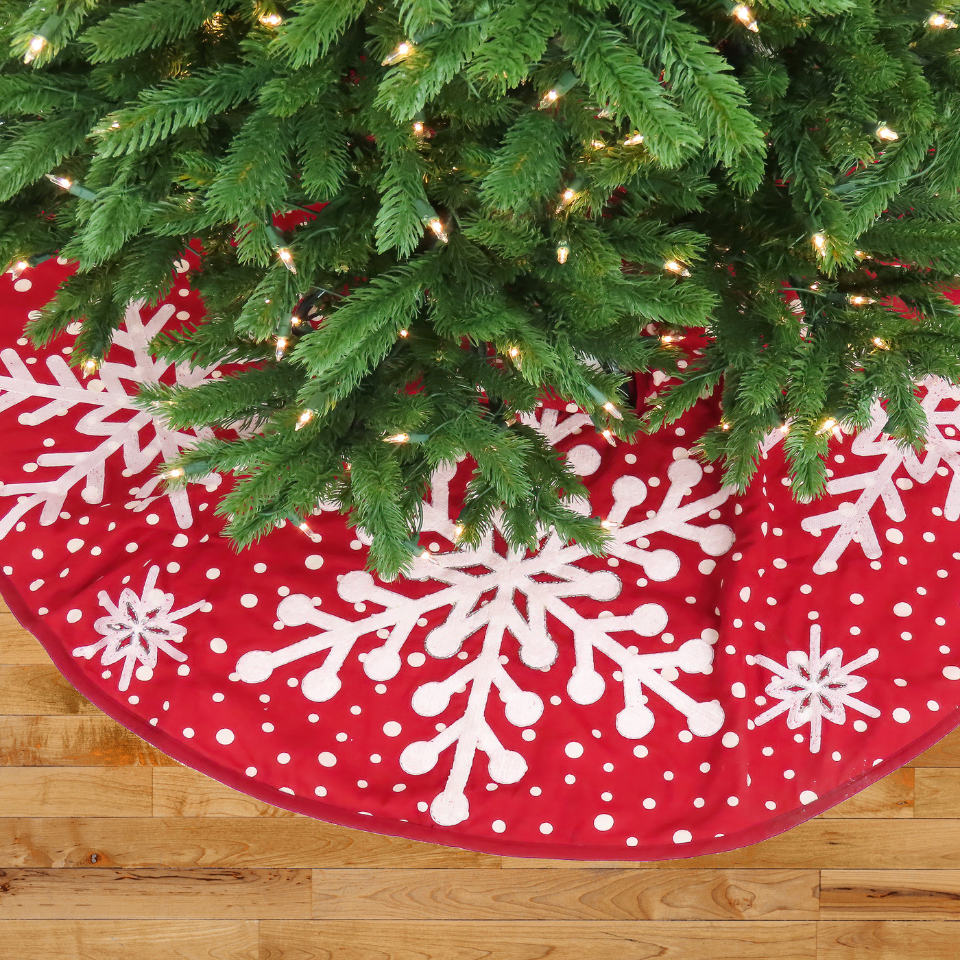 52 in. HGTV Home Collection Red Tree Skirt with Snowflake Embroidery and White Dots - National Tree Company