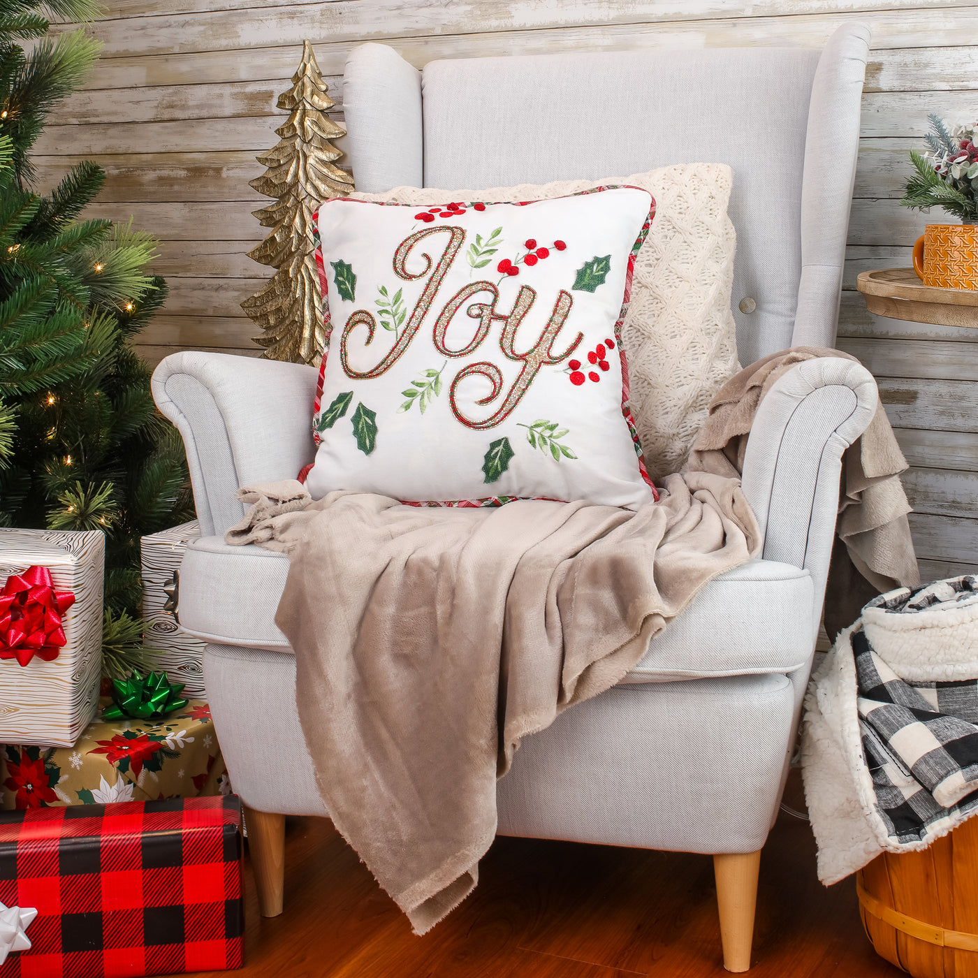 18 in. HGTV Home Collection Embroidered Joy Christmas Pillow - National Tree Company