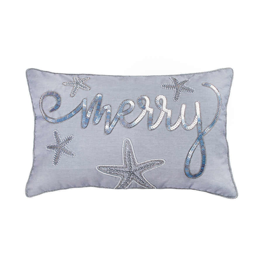 14 in by 22 in. Coastal Merry Embroidered Pillow, Blue, Silver - National Tree Company