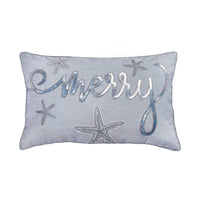 14 in by 22 in. Coastal Merry Embroidered Pillow, Blue, Silver - National Tree Company